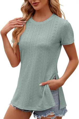 Women's Oversized T Shirts Crew Neck Short Sleeve Tops Casual Basic Tee Loose Fit Tunic Blouse with Side Split Slit