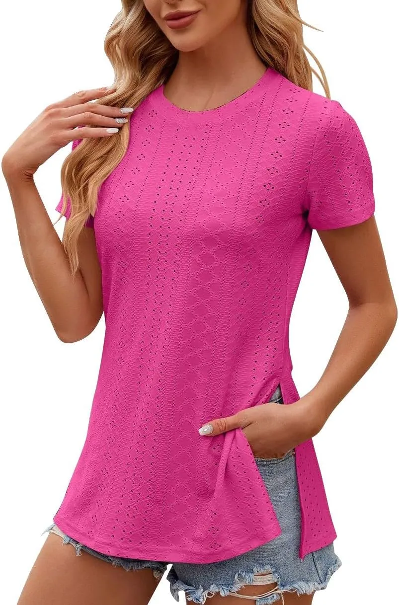 Women's Oversized T Shirts Crew Neck Short Sleeve Tops Casual Basic Tee Loose Fit Tunic Blouse with Side Split Slit