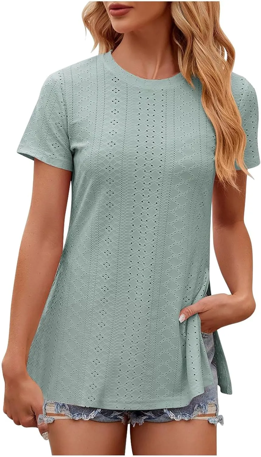 Women's Oversized T Shirts Crew Neck Short Sleeve Tops Casual Basic Tee Loose Fit Tunic Blouse with Side Split Slit