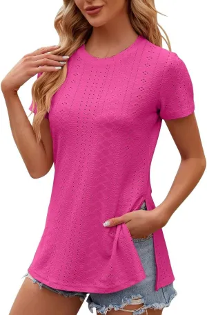 Women's Oversized T Shirts Crew Neck Short Sleeve Tops Casual Basic Tee Loose Fit Tunic Blouse with Side Split Slit