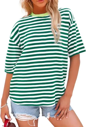 Womens Oversized T Shirts Striped Short Sleeve T-Shirts Crew Neck Basic Color Block Tee Tops 2025 Y2K Tee Tops