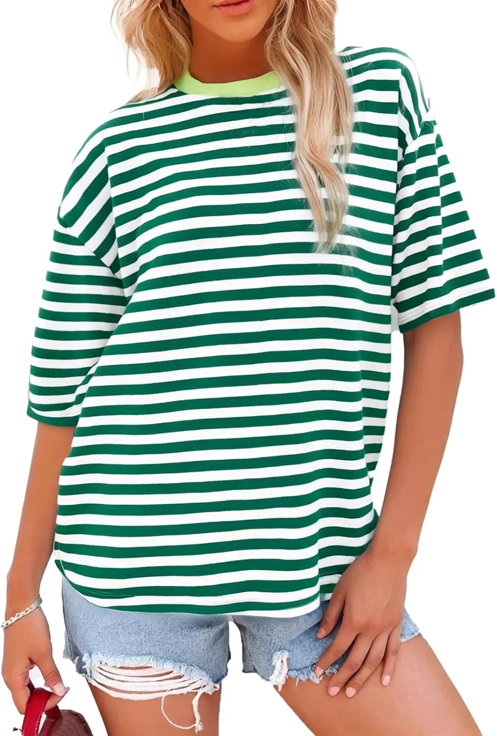 Womens Oversized T Shirts Striped Short Sleeve T-Shirts Crew Neck Basic Color Block Tee Tops 2025 Y2K Tee Tops