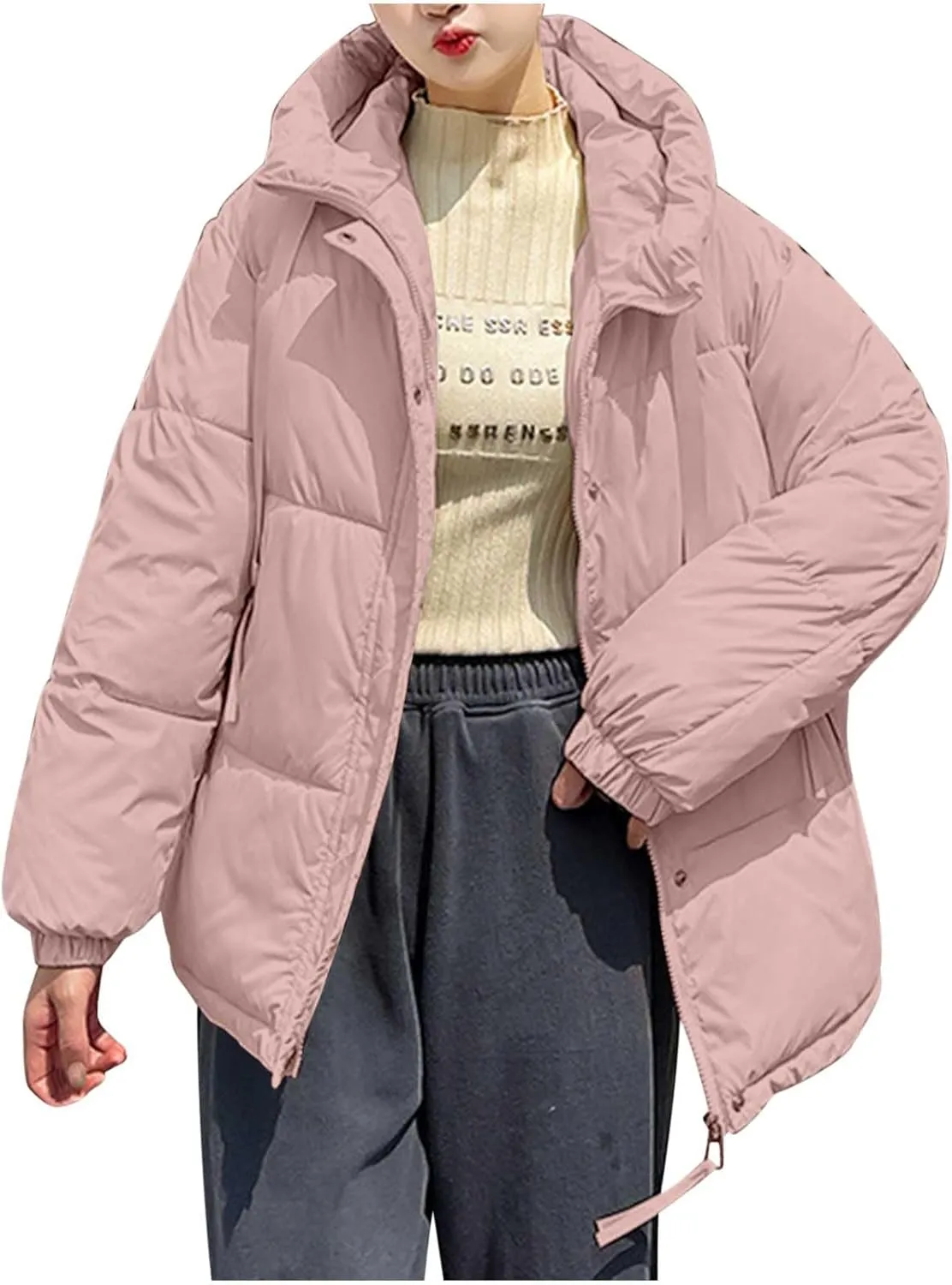 Womens Oversized Thick Down Jacket Long Sleeve Solid Color Hooded Outerwear 2024 Winter Fashion Warm Puffer Coat