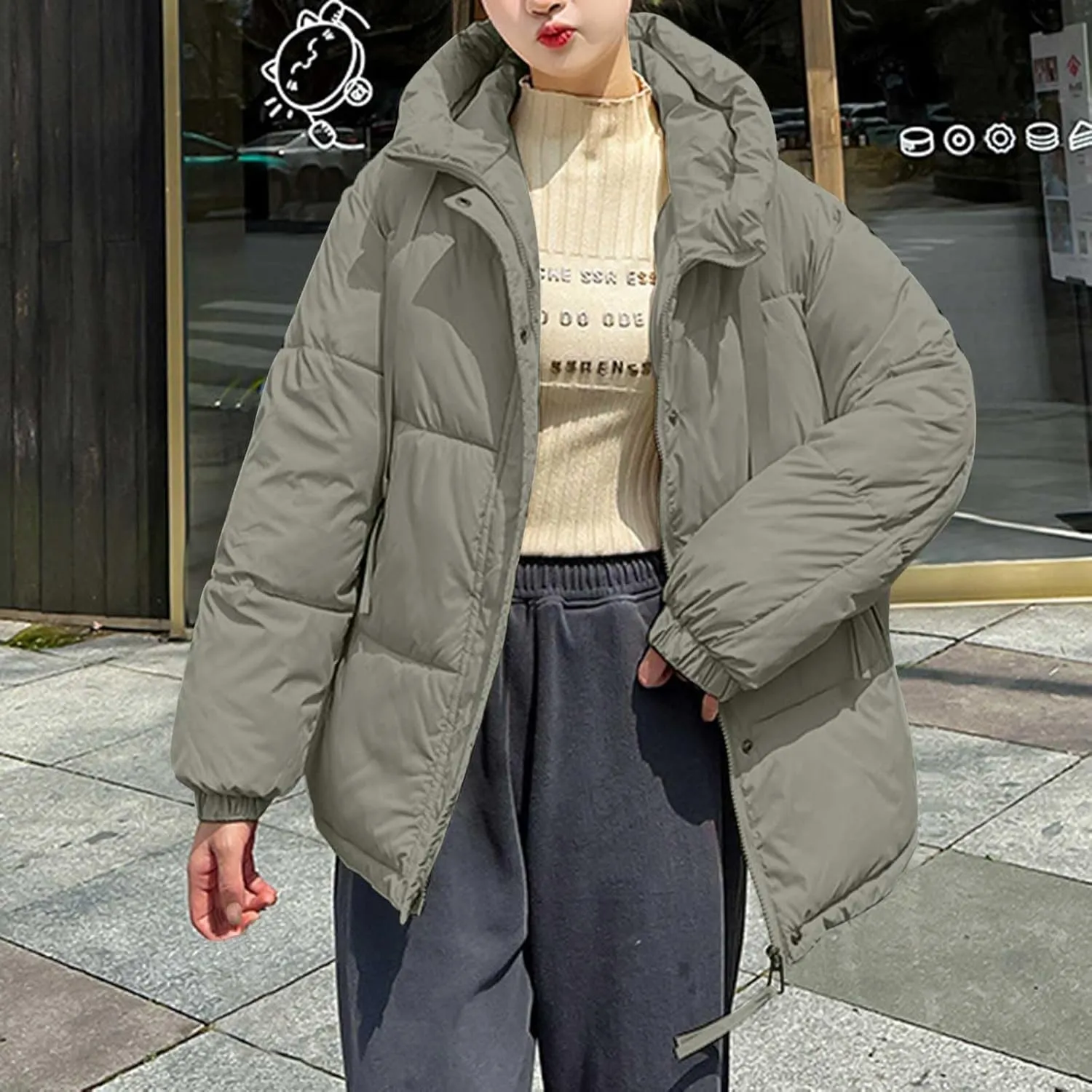 Womens Oversized Thick Down Jacket Long Sleeve Solid Color Hooded Outerwear 2024 Winter Fashion Warm Puffer Coat