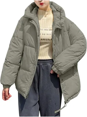 Womens Oversized Thick Down Jacket Long Sleeve Solid Color Hooded Outerwear 2024 Winter Fashion Warm Puffer Coat