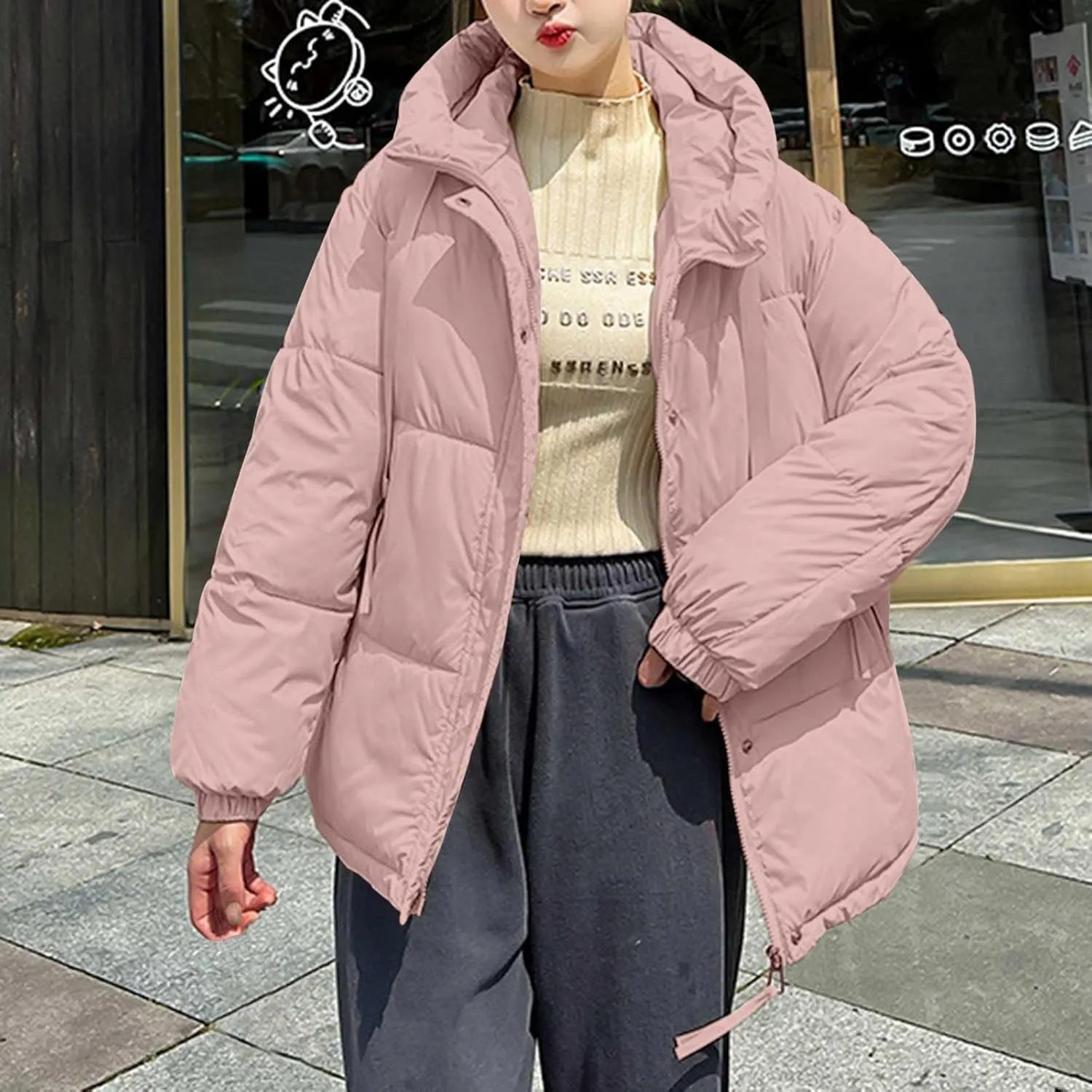 Womens Oversized Thick Down Jacket Long Sleeve Solid Color Hooded Outerwear 2024 Winter Fashion Warm Puffer Coat