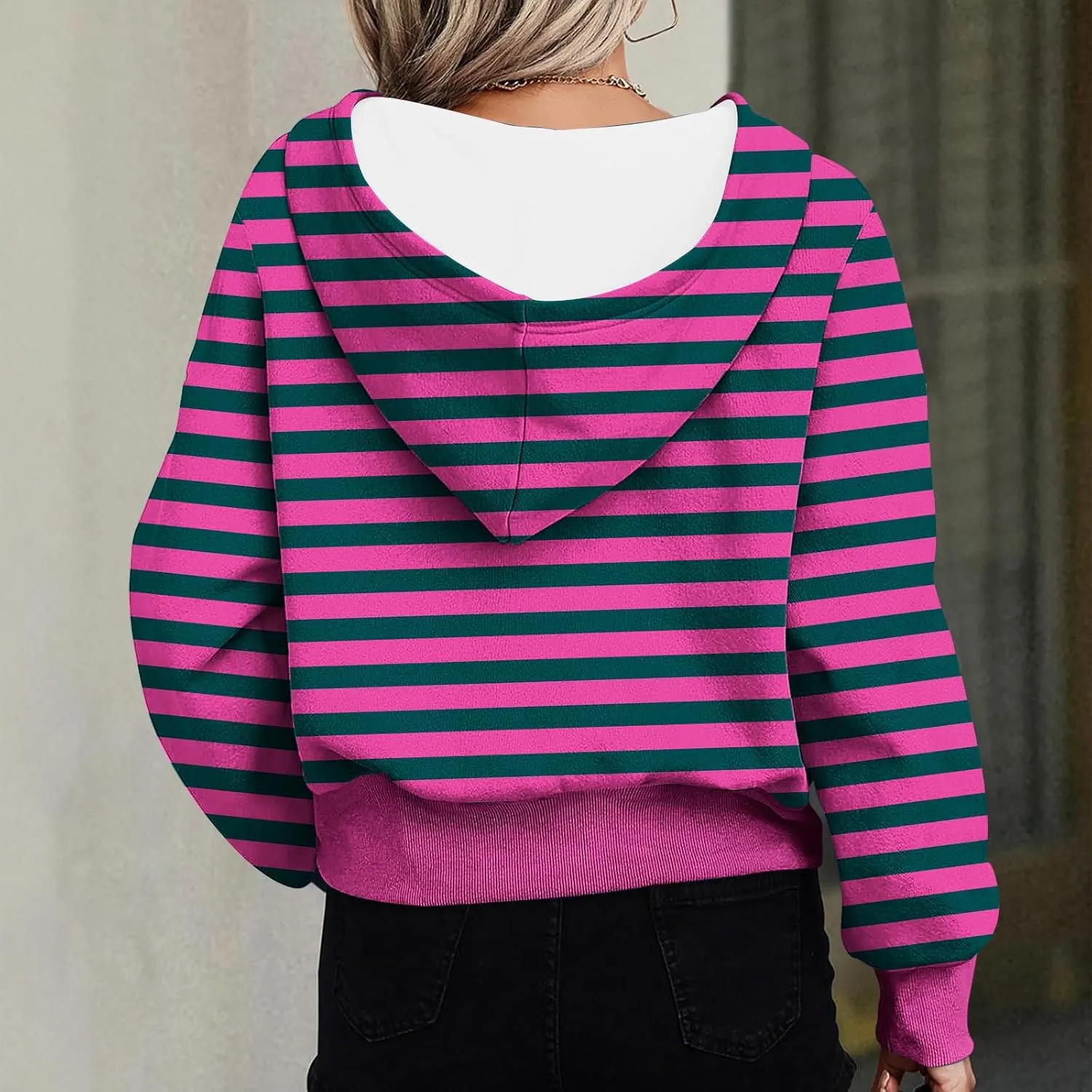 Women's Overszied Striped Sweatshirts Long Sleeve Half Zip Up Hoodies Winter Comfort Hoodies Y2K Fashion Cropped Clothes