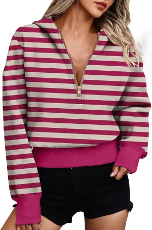 Women's Overszied Striped Sweatshirts Long Sleeve Half Zip Up Hoodies Winter Comfort Hoodies Y2K Fashion Cropped Clothes