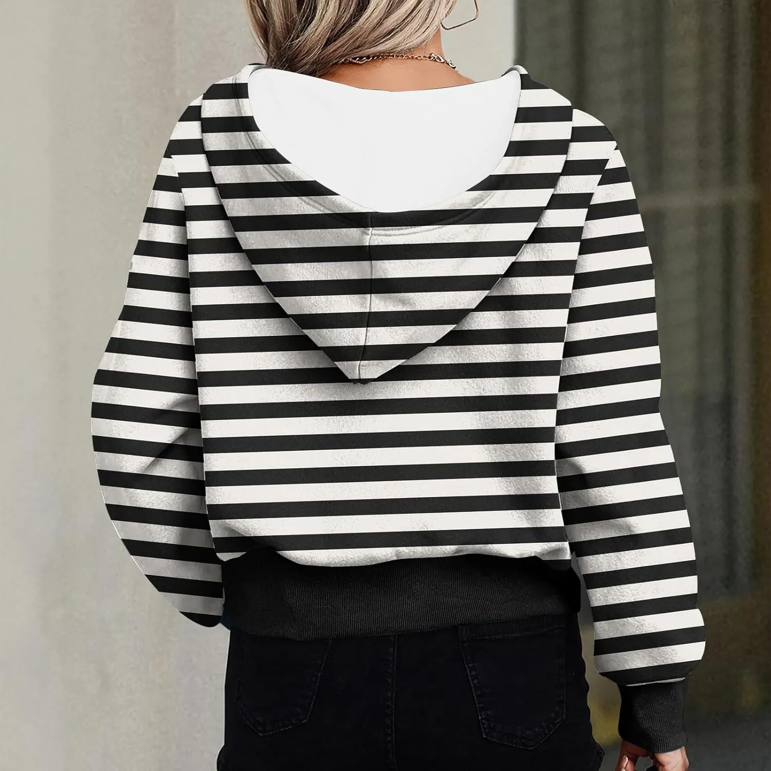 Women's Overszied Striped Sweatshirts Long Sleeve Half Zip Up Hoodies Winter Comfort Hoodies Y2K Fashion Cropped Clothes