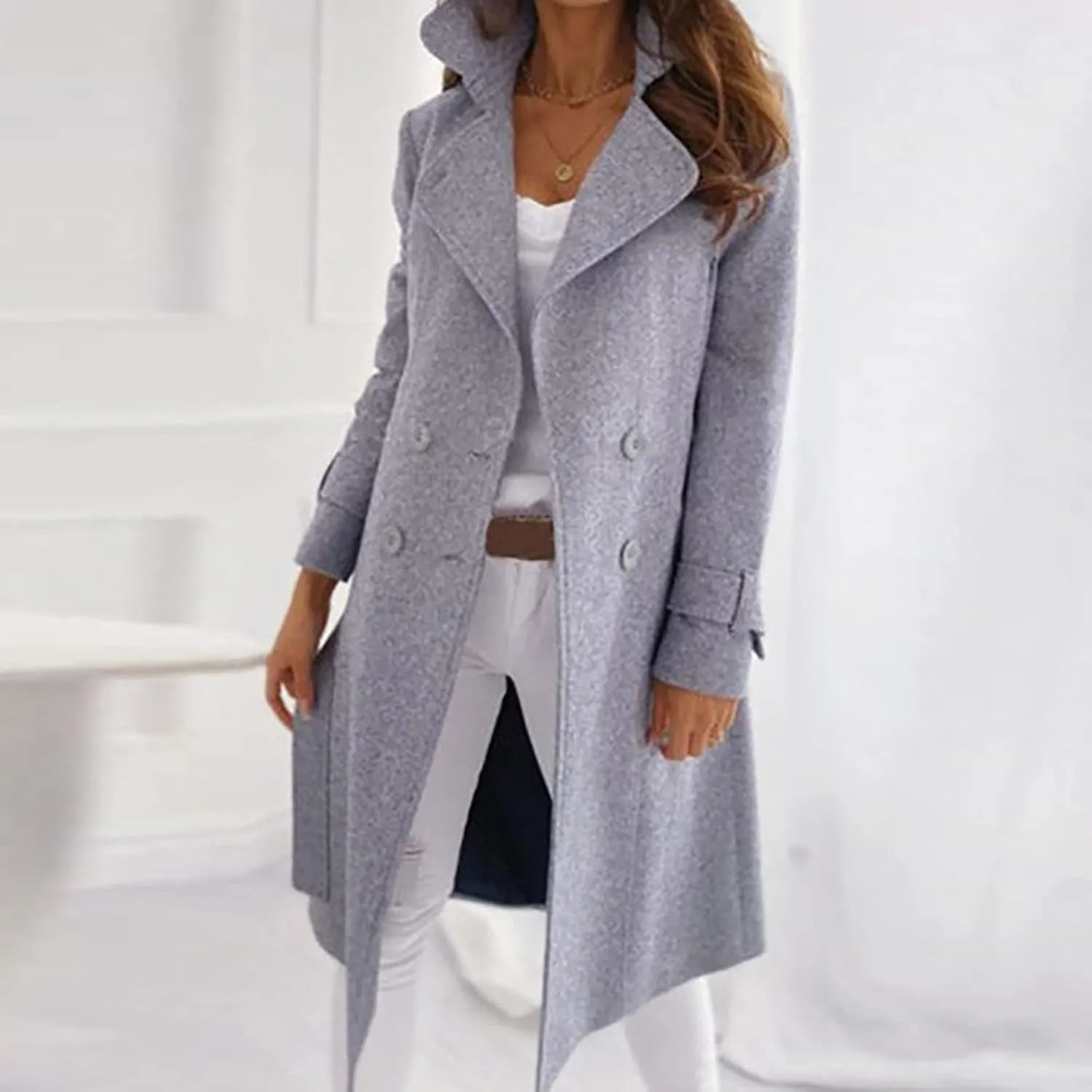 Women's Pea Coats Casual Double Breasted Lapel Jackets Stand Collar Long Wool Coats Winter Trench Coats with Pockets