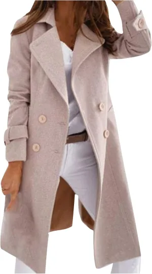 Women's Pea Coats Casual Double Breasted Lapel Jackets Stand Collar Long Wool Coats Winter Trench Coats with Pockets