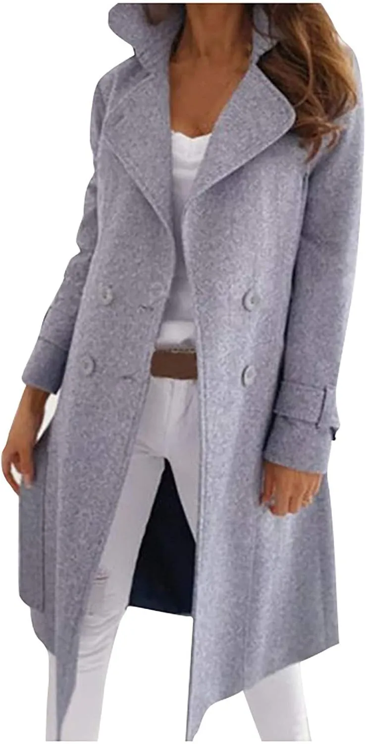 Women's Pea Coats Casual Double Breasted Lapel Jackets Stand Collar Long Wool Coats Winter Trench Coats with Pockets
