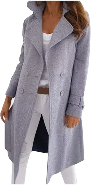 Women's Pea Coats Casual Double Breasted Lapel Jackets Stand Collar Long Wool Coats Winter Trench Coats with Pockets