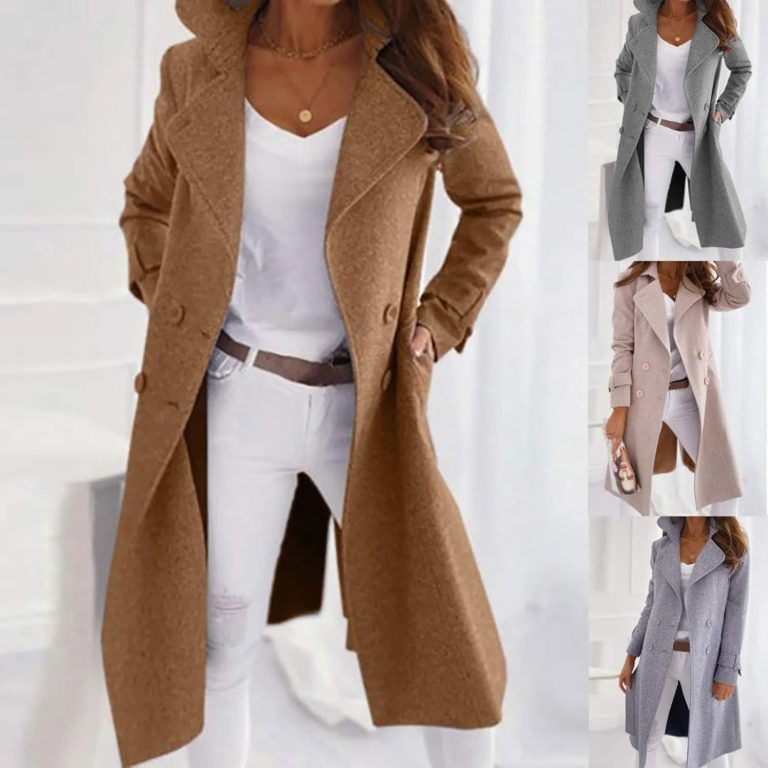 Women's Pea Coats Casual Double Breasted Lapel Jackets Stand Collar Long Wool Coats Winter Trench Coats with Pockets