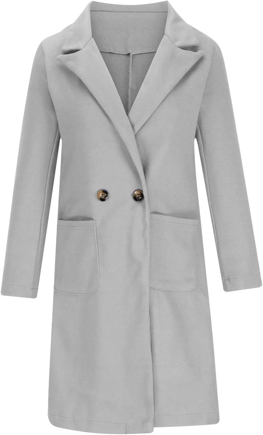 Womens Pea Coats Plus Size Notch Lapel Cardigan Coats Casual Mid Length Overcoat Long Winter Coats with Pockets