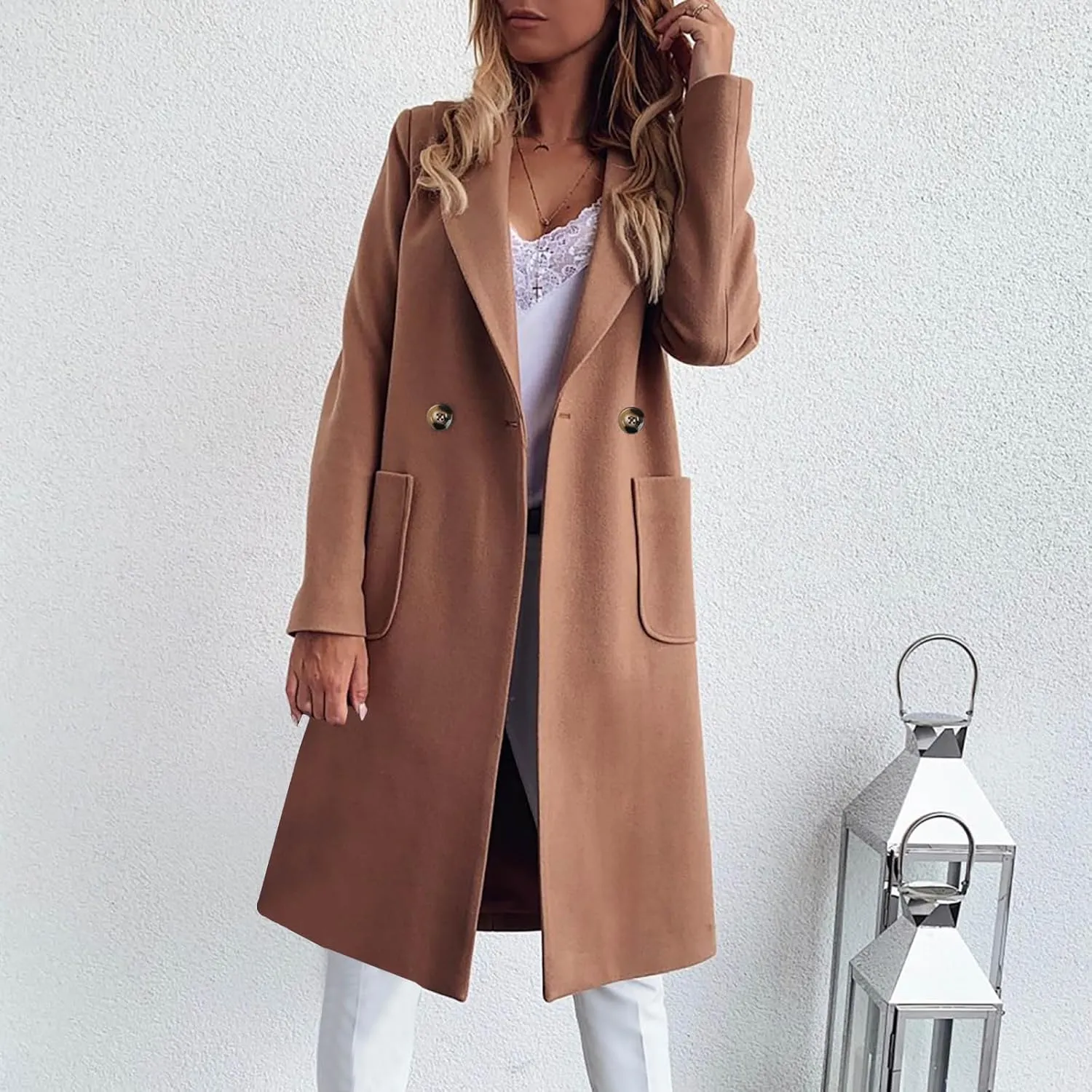 Womens Pea Coats Plus Size Notch Lapel Cardigan Coats Casual Mid Length Overcoat Long Winter Coats with Pockets