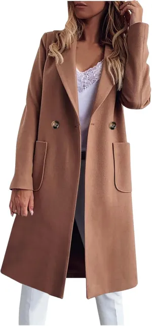 Womens Pea Coats Plus Size Notch Lapel Cardigan Coats Casual Mid Length Overcoat Long Winter Coats with Pockets