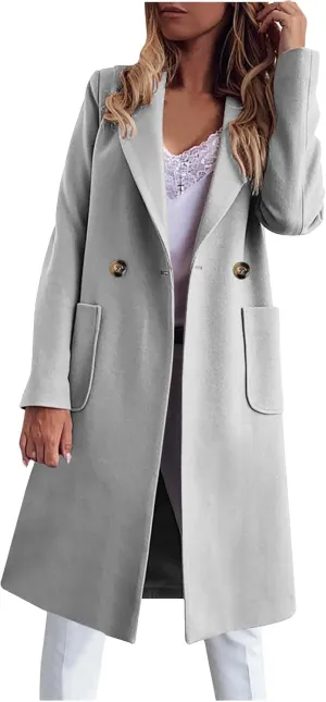 Womens Pea Coats Plus Size Notch Lapel Cardigan Coats Casual Mid Length Overcoat Long Winter Coats with Pockets