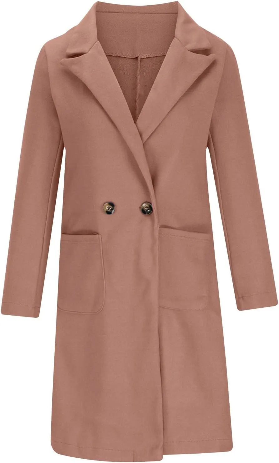 Womens Pea Coats Plus Size Notch Lapel Cardigan Coats Casual Mid Length Overcoat Long Winter Coats with Pockets