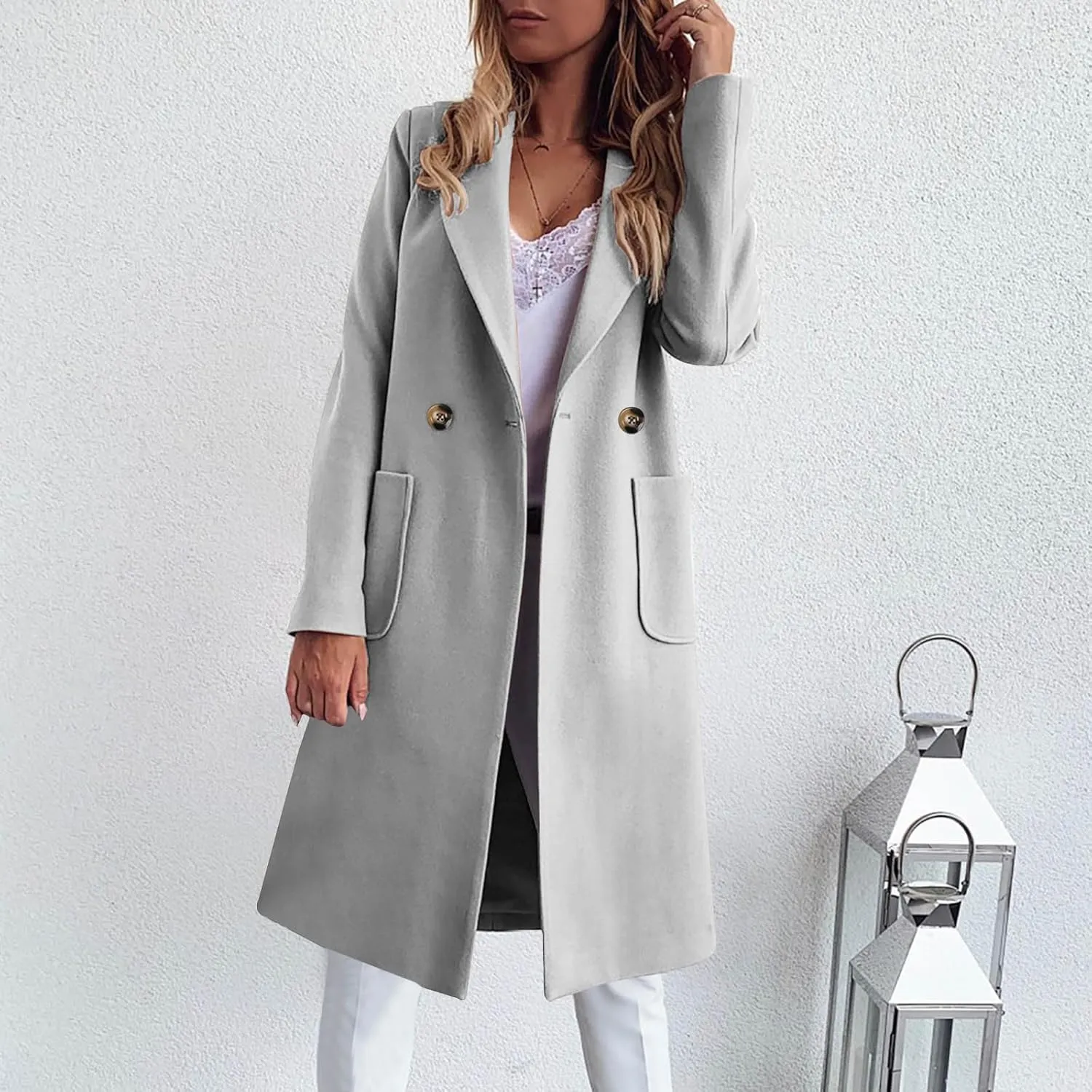 Womens Pea Coats Plus Size Notch Lapel Cardigan Coats Casual Mid Length Overcoat Long Winter Coats with Pockets