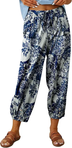 Women's Print Capri Pants High Waist Drawstring Cinch Bottom Lounge Pants