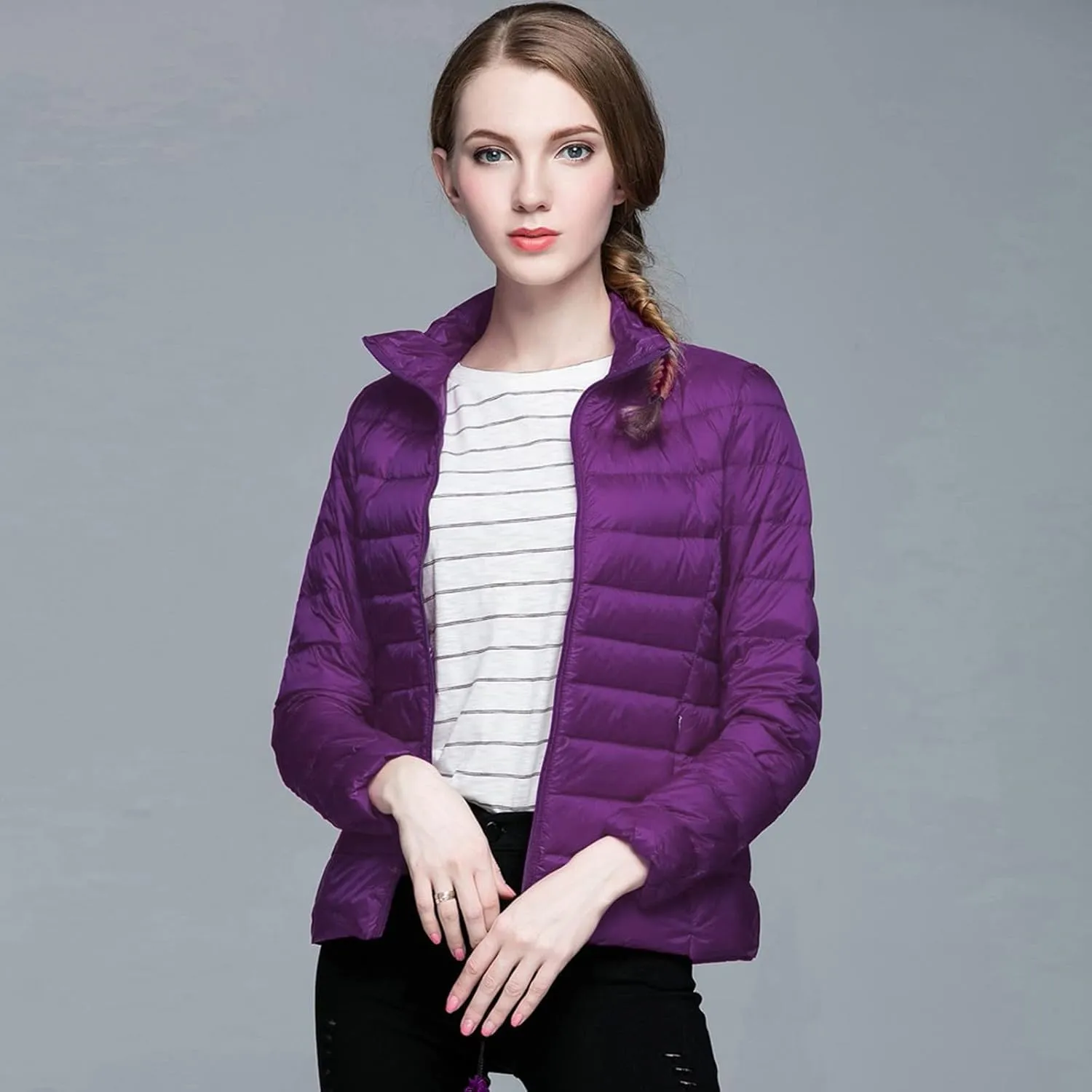 Womens Puffer Coat Light Weight Down Coats Slimming Zip Up Outerwear Warm Jacket Winter 2023 Solid Color Down Jacket