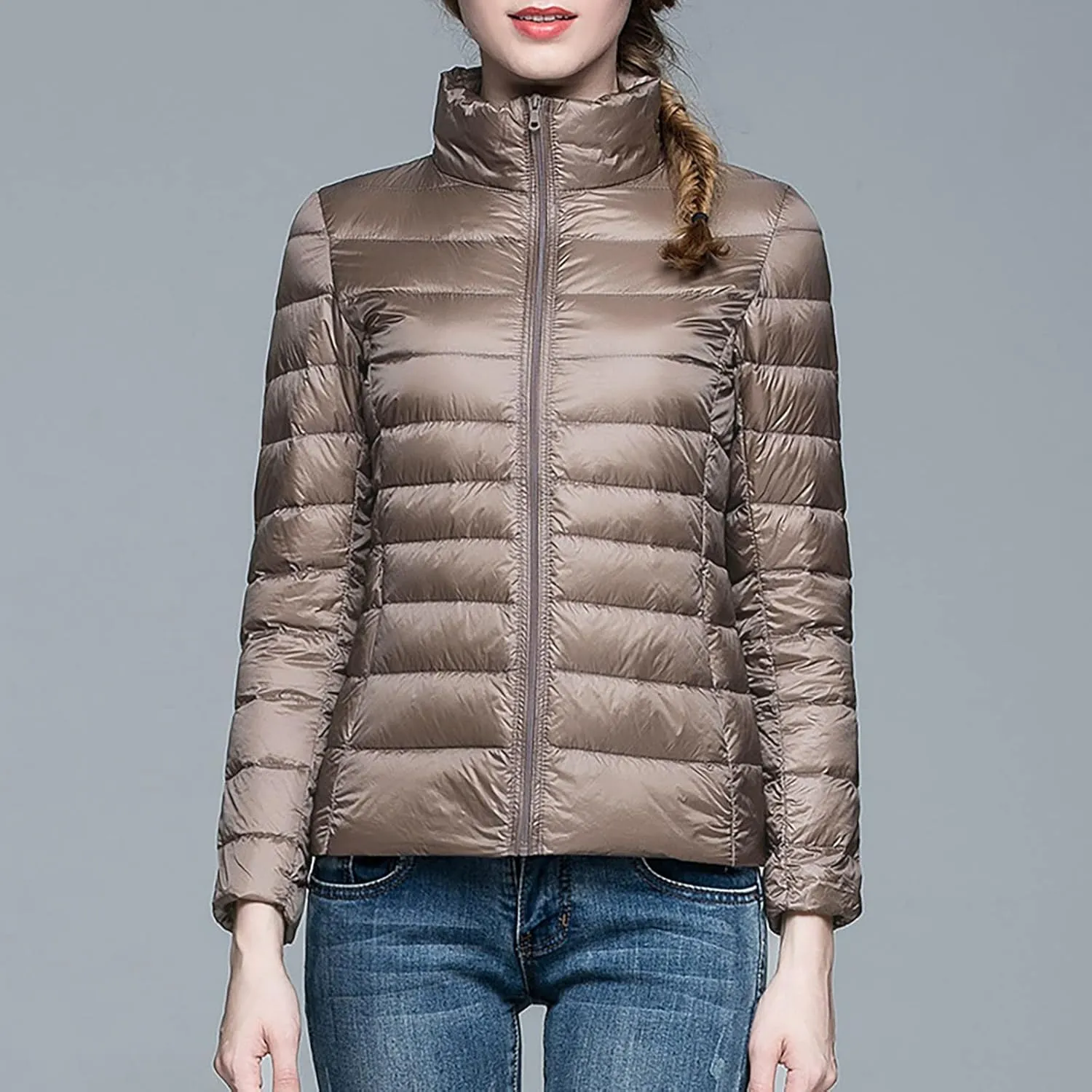 Womens Puffer Coat Light Weight Down Coats Slimming Zip Up Outerwear Warm Jacket Winter 2023 Solid Color Down Jacket