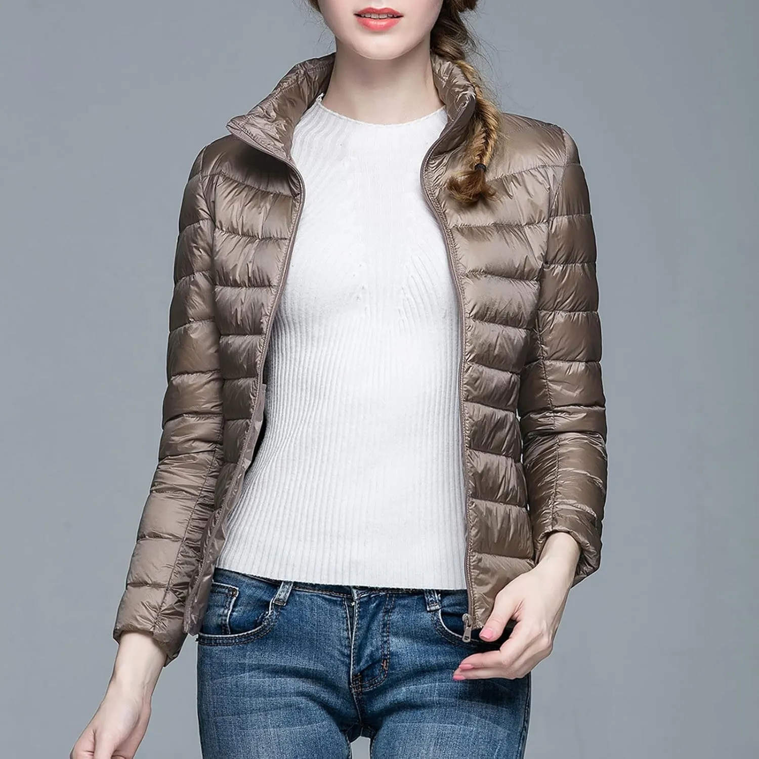 Womens Puffer Coat Light Weight Down Coats Slimming Zip Up Outerwear Warm Jacket Winter 2023 Solid Color Down Jacket