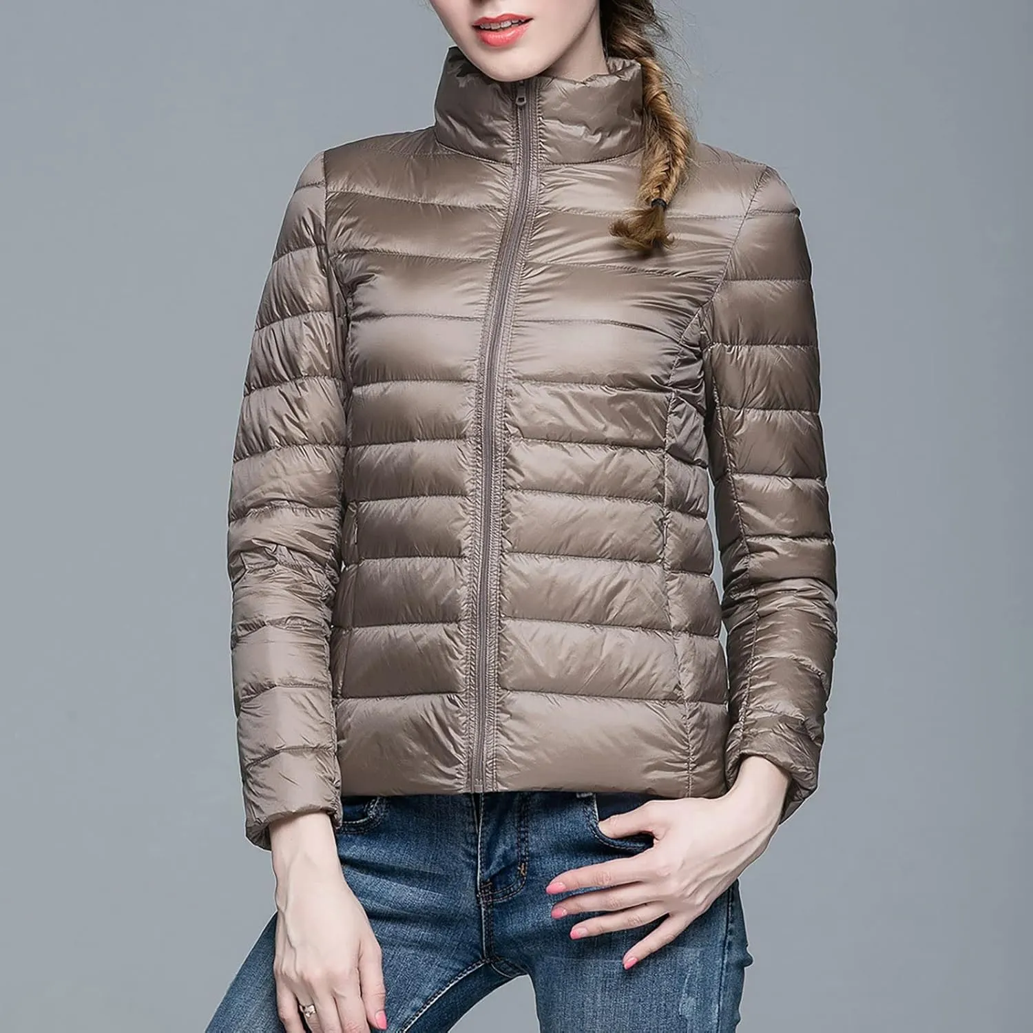Womens Puffer Coat Light Weight Down Coats Slimming Zip Up Outerwear Warm Jacket Winter 2023 Solid Color Down Jacket