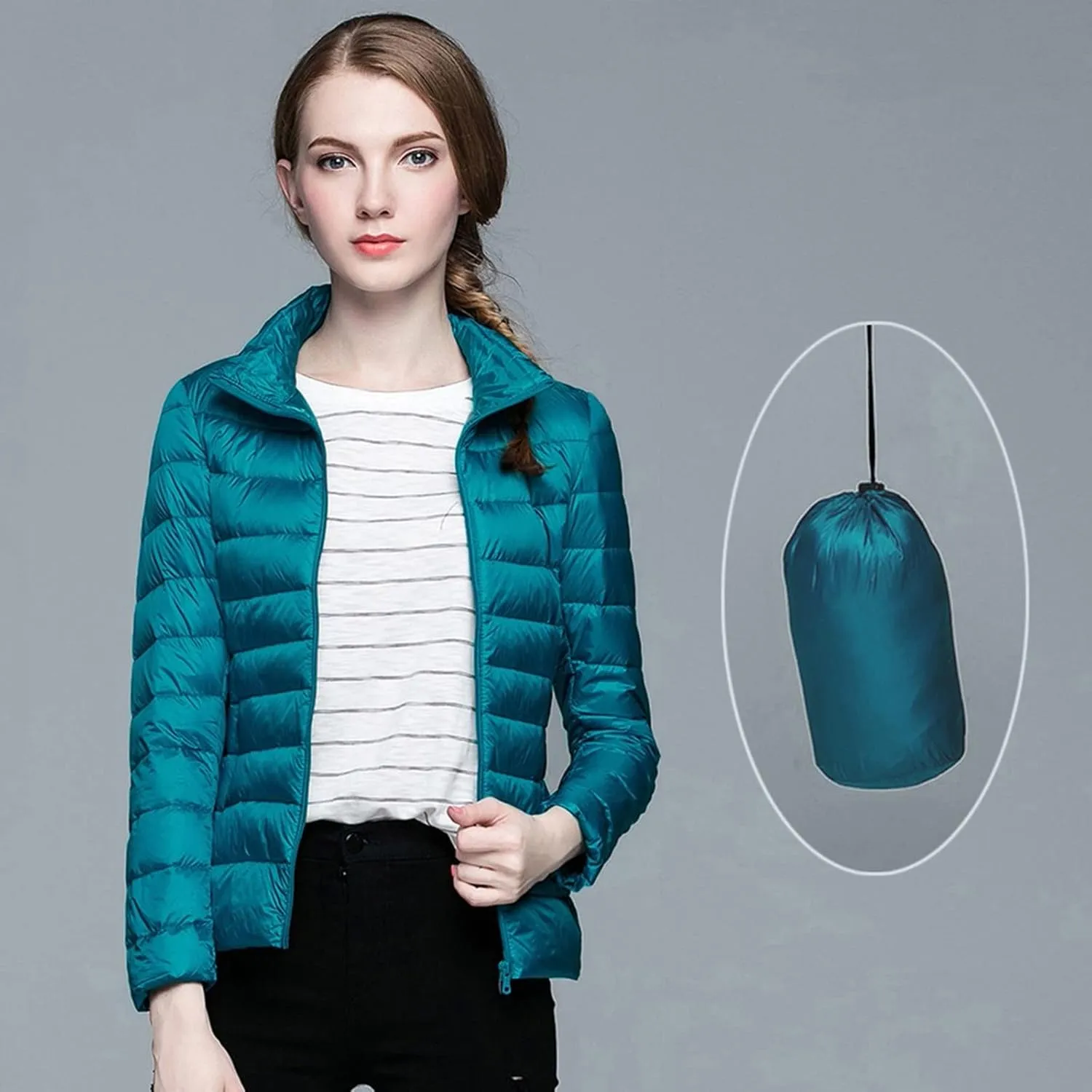 Womens Puffer Coat Light Weight Down Coats Slimming Zip Up Outerwear Warm Jacket Winter 2023 Solid Color Down Jacket
