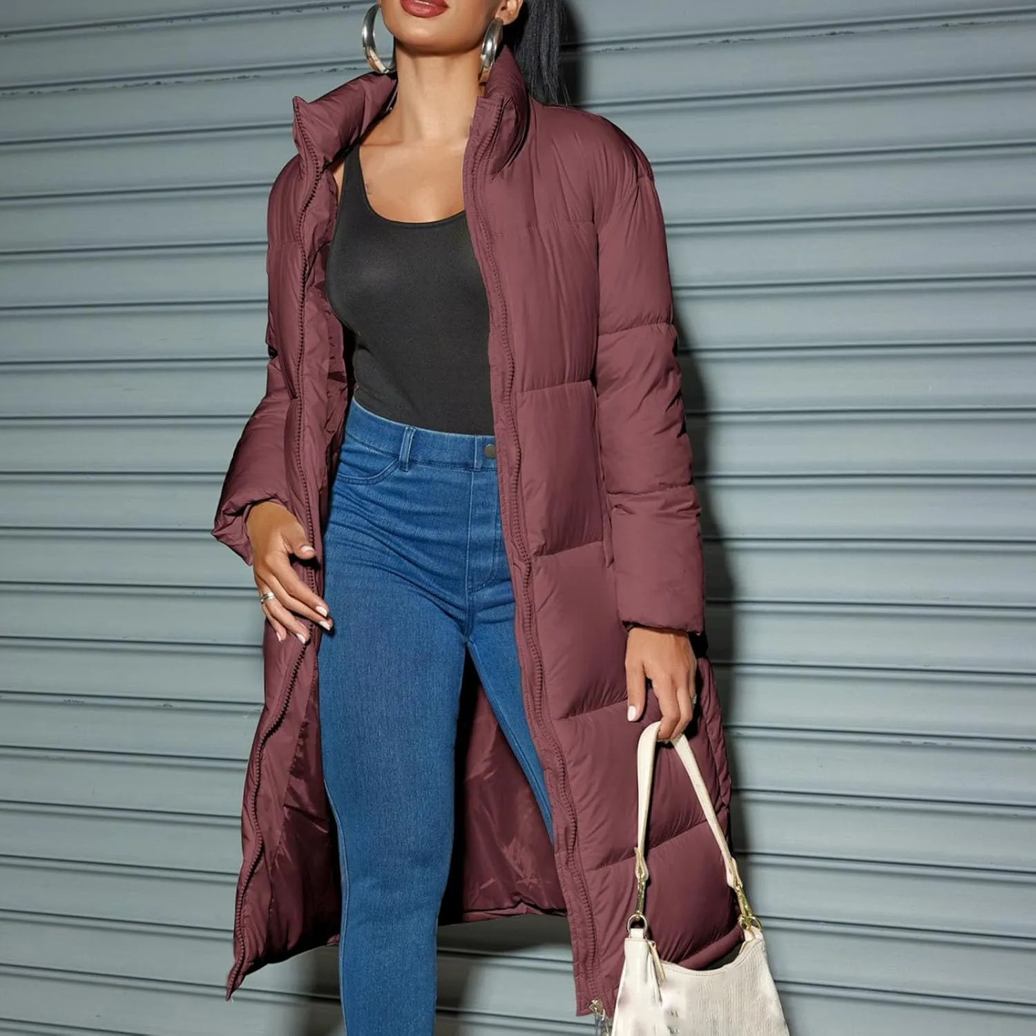 Women's Puffer Coats Winter Long Down Jackets Hooded Zip Up Casual Thicken Outdoor Windproof Trendy Warm Clothes Outerwear