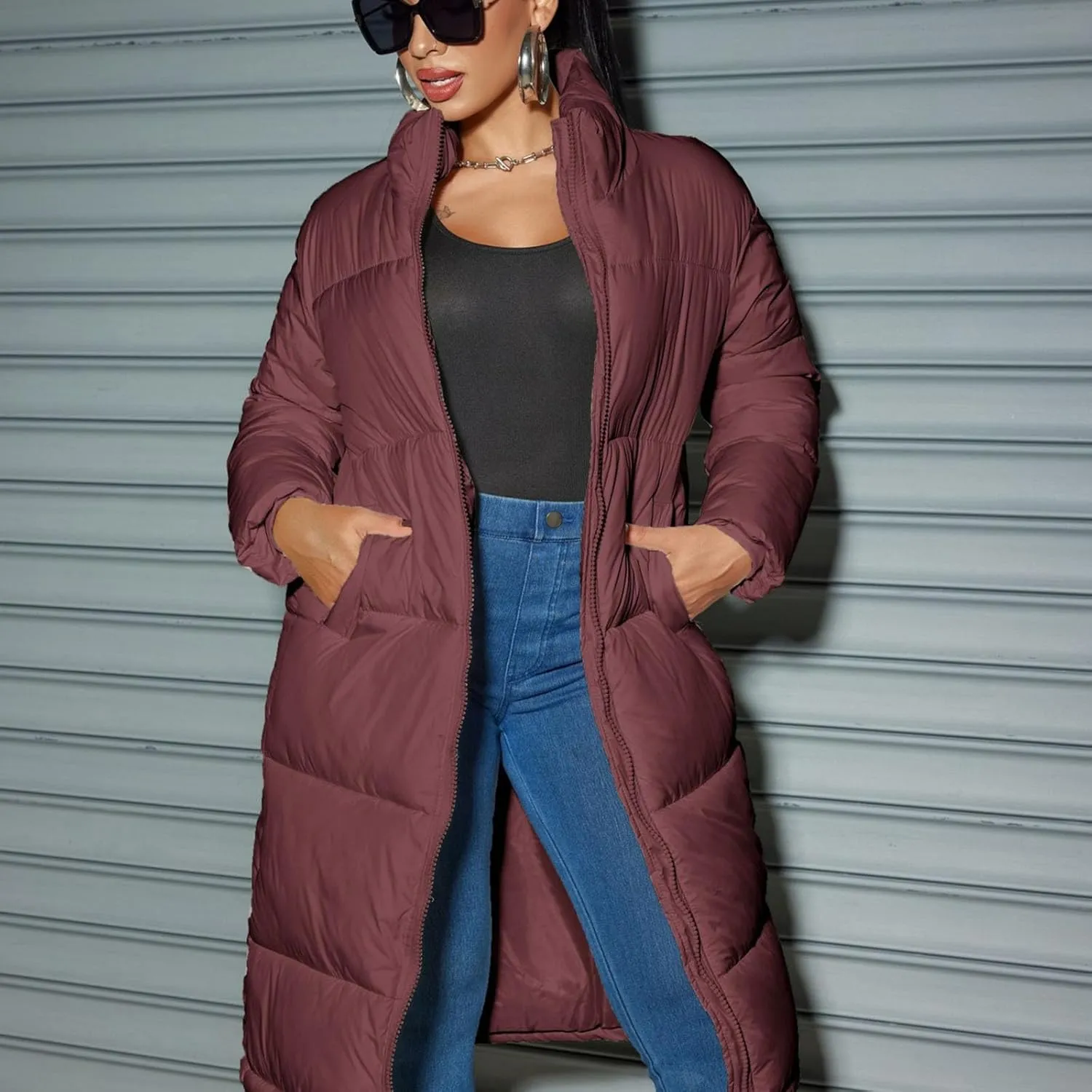 Women's Puffer Coats Winter Long Down Jackets Hooded Zip Up Casual Thicken Outdoor Windproof Trendy Warm Clothes Outerwear