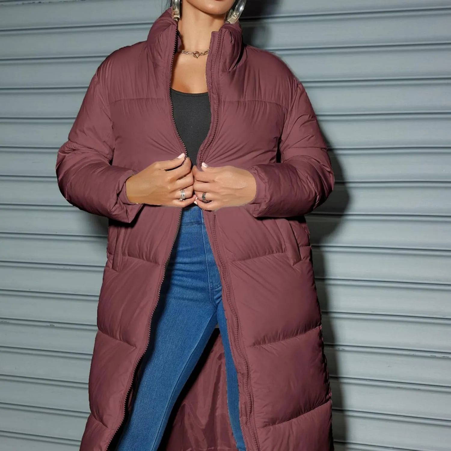 Women's Puffer Coats Winter Long Down Jackets Hooded Zip Up Casual Thicken Outdoor Windproof Trendy Warm Clothes Outerwear