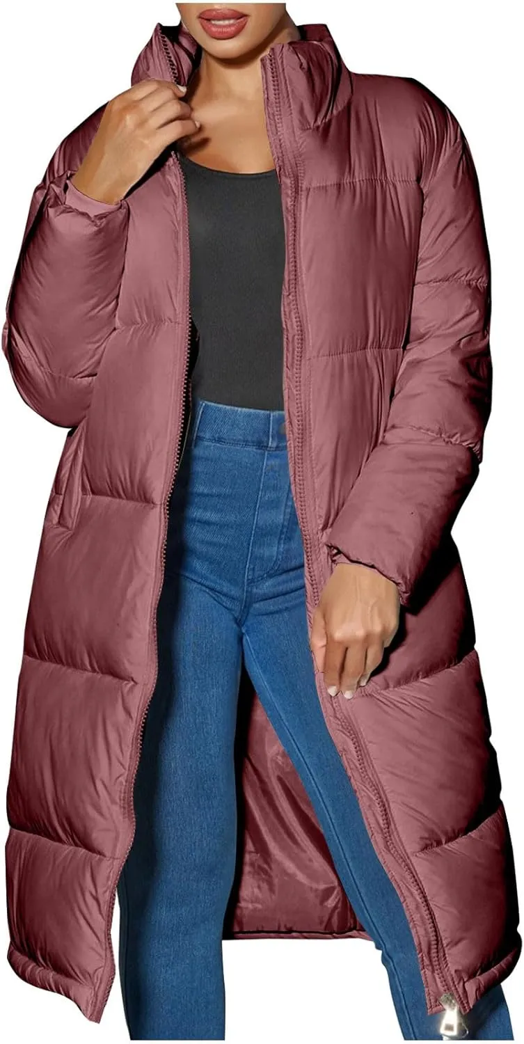 Women's Puffer Coats Winter Long Down Jackets Hooded Zip Up Casual Thicken Outdoor Windproof Trendy Warm Clothes Outerwear