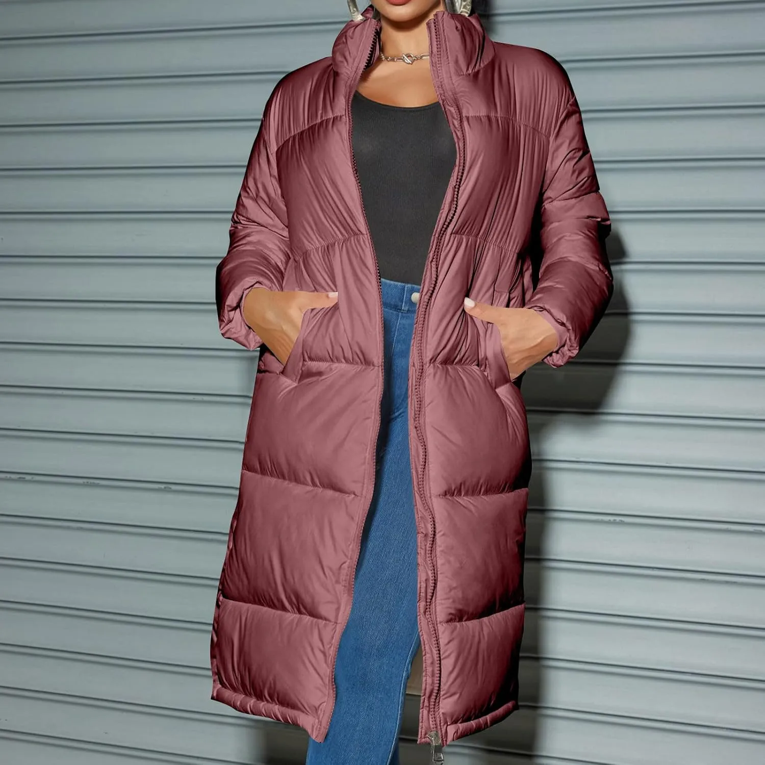 Women's Puffer Coats Winter Long Down Jackets Hooded Zip Up Casual Thicken Outdoor Windproof Trendy Warm Clothes Outerwear