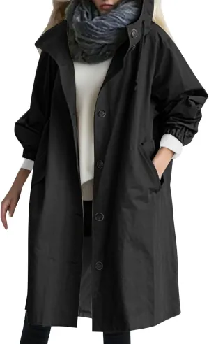 Women's Rain Jacket Autumn Winter Loose Hooded Trench Jackets Oversized Elegant Windbreaker Comfortable Coat Outwear