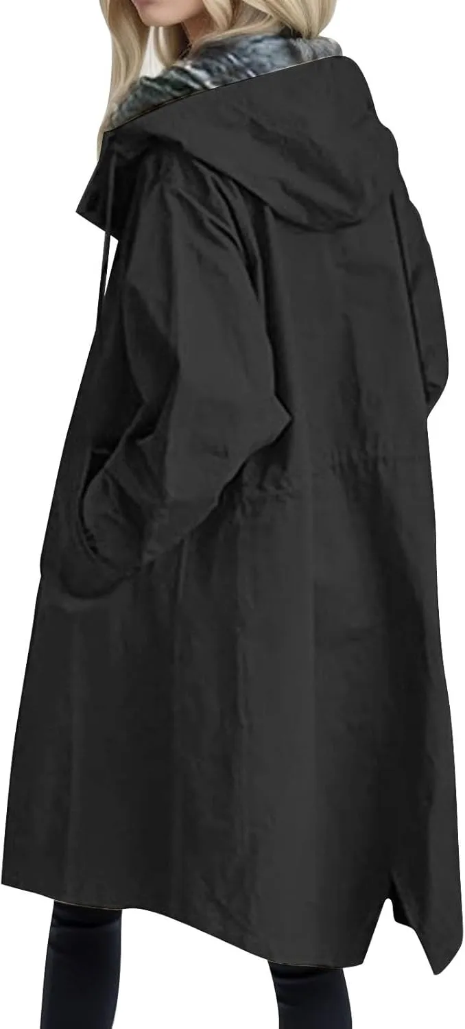 Women's Rain Jacket Autumn Winter Loose Hooded Trench Jackets Oversized Elegant Windbreaker Comfortable Coat Outwear