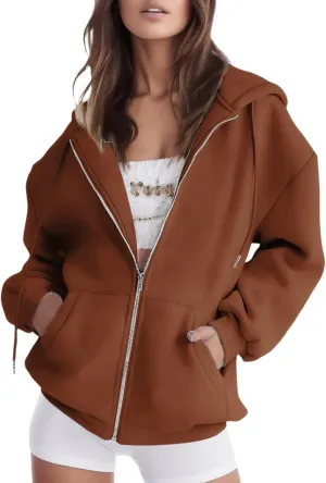 Womens Red Hoodie Zip Up Sweatshirts, Women Casual Zip Up Hooded Sweatshirts Jacket Trendy Y2k Hoodie with Pocket 03-Coffee,X-Large