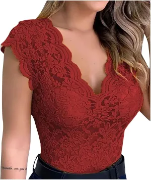 Women's Sexy Slim Blouse Lace V-Neck Sleeveless Shirts Evening Date Night Party Club Wear Solid Color Corset Tank Tops