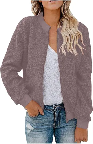 Women's Sherpa Fleece Jacket Faux Fuzzy Long Sleeve Casual Zip up Bomber Coat Winter Fuzzy Casual Zip up Coat Pocket