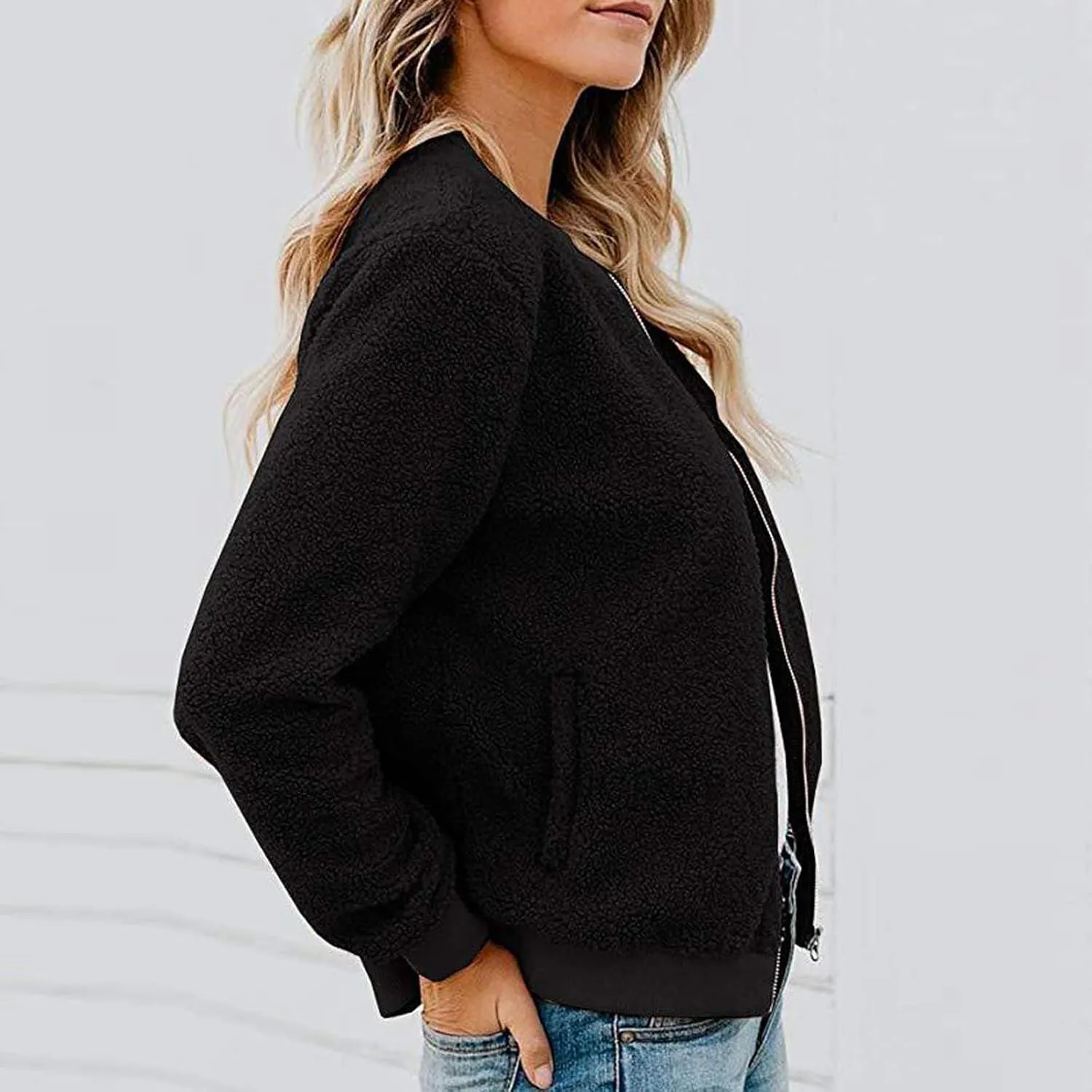Women's Sherpa Fleece Jacket Faux Fuzzy Long Sleeve Casual Zip up Bomber Coat Winter Fuzzy Casual Zip up Coat Pocket
