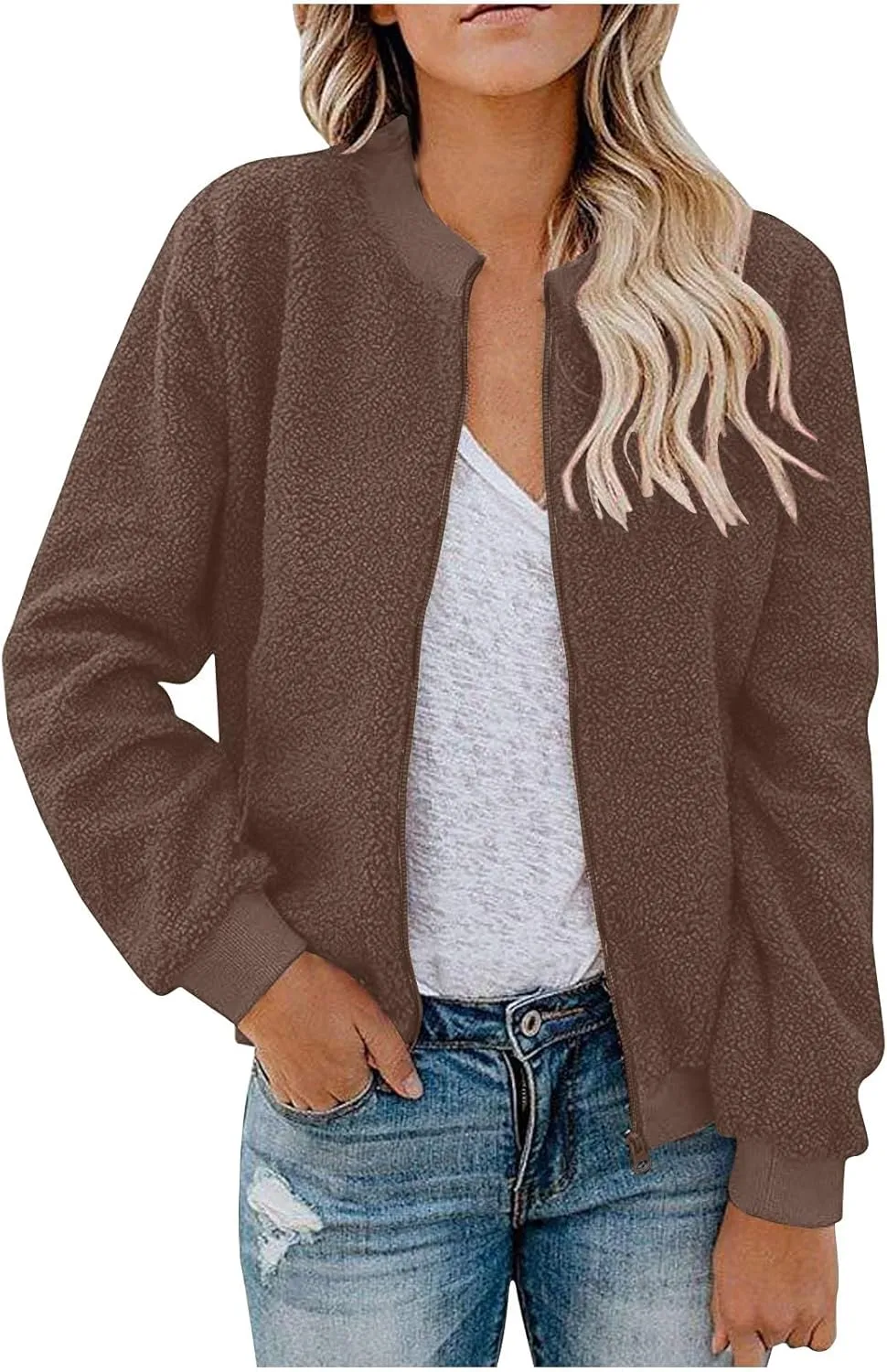 Women's Sherpa Fleece Jacket Faux Fuzzy Long Sleeve Casual Zip up Bomber Coat Winter Fuzzy Casual Zip up Coat Pocket