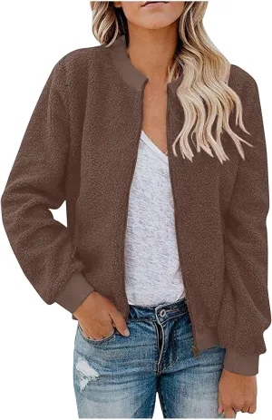 Women's Sherpa Fleece Jacket Faux Fuzzy Long Sleeve Casual Zip up Bomber Coat Winter Fuzzy Casual Zip up Coat Pocket