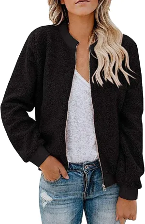 Women's Sherpa Fleece Jacket Faux Fuzzy Long Sleeve Casual Zip up Bomber Coat Winter Fuzzy Casual Zip up Coat Pocket