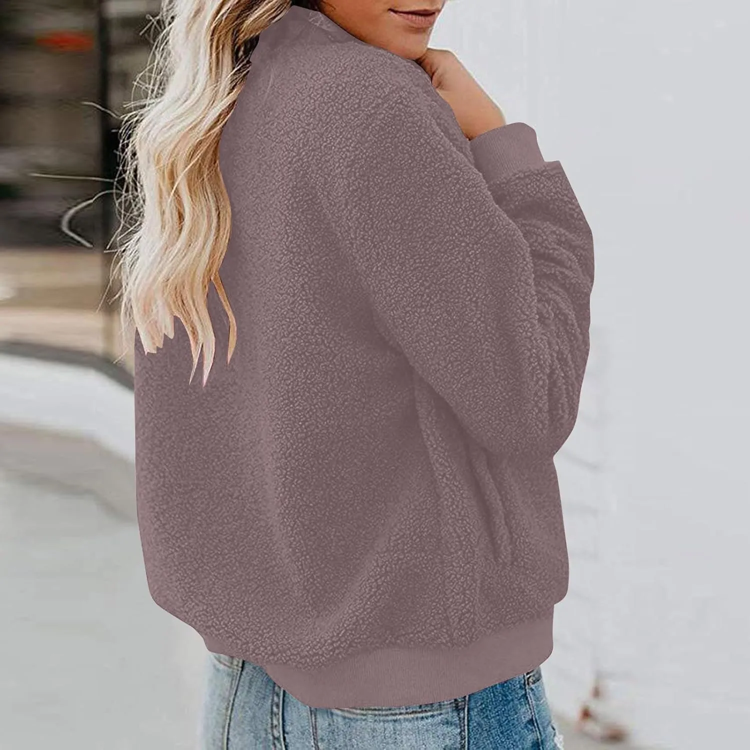 Women's Sherpa Fleece Jacket Faux Fuzzy Long Sleeve Casual Zip up Bomber Coat Winter Fuzzy Casual Zip up Coat Pocket