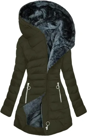 Womens Winter Coat, Fleece Lined Puffer Jacket Solid Zip Up Jacket with Fur Hood Thicken Warm Winter Coat with Pocket