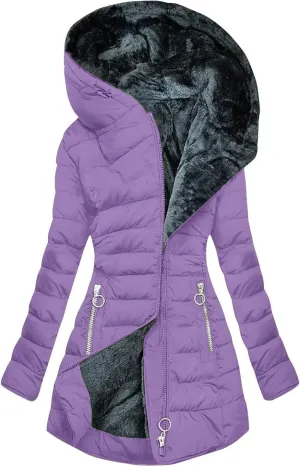 Womens Winter Coat, Fleece Lined Puffer Jacket Solid Zip Up Jacket with Fur Hood Thicken Warm Winter Coat with Pocket