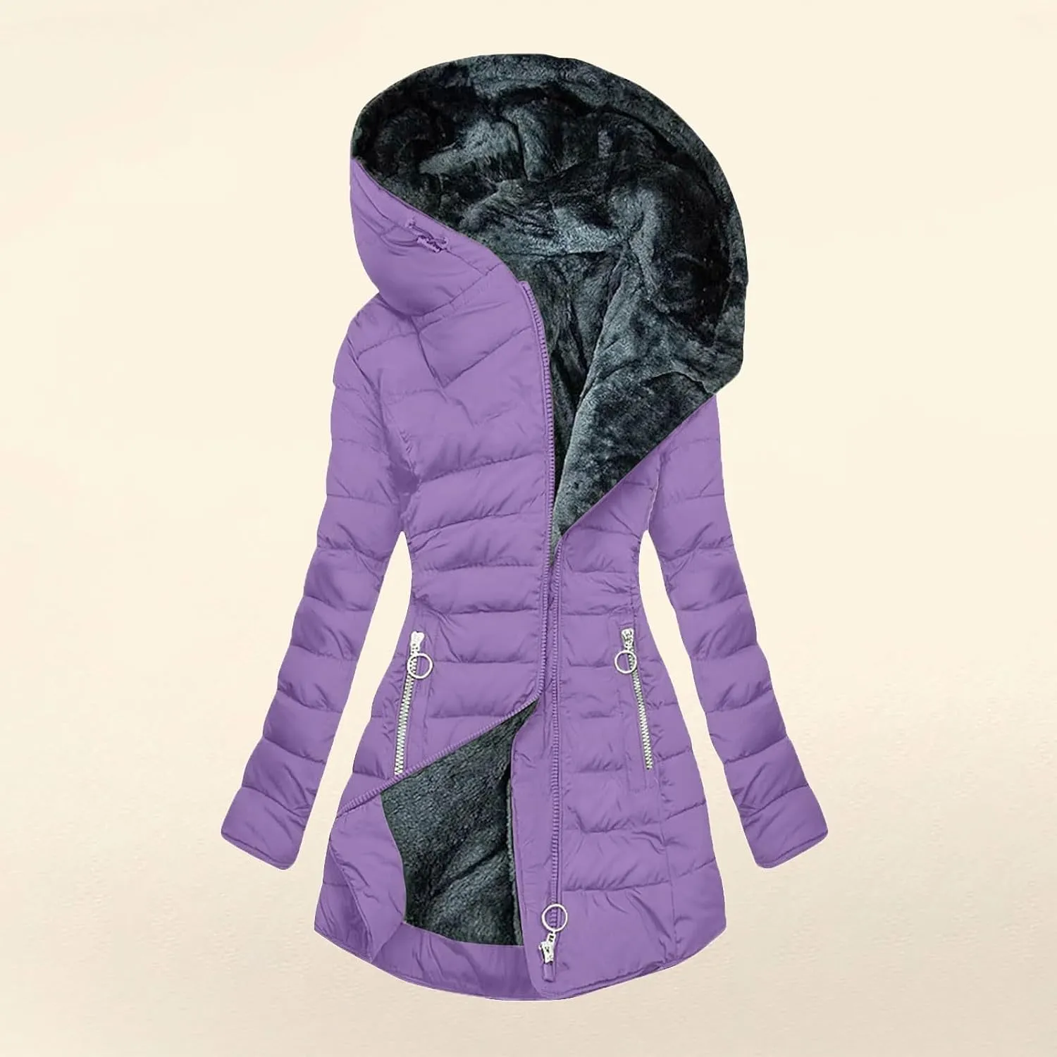 Womens Winter Coat, Fleece Lined Puffer Jacket Solid Zip Up Jacket with Fur Hood Thicken Warm Winter Coat with Pocket