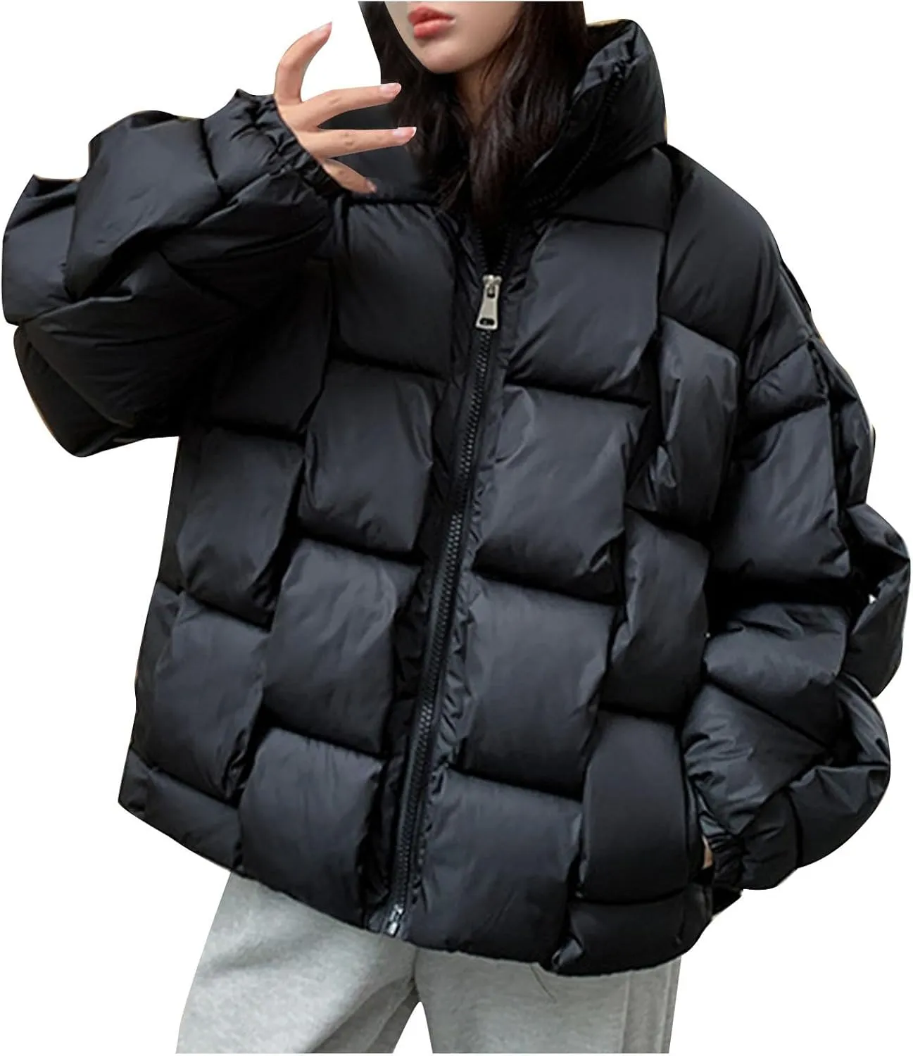 Women's Winter Coat Thicken Puffer Padded Quilted Lapel Down Jacket Outdoor Warm Lightweight Casual Zipper Parka Outwear