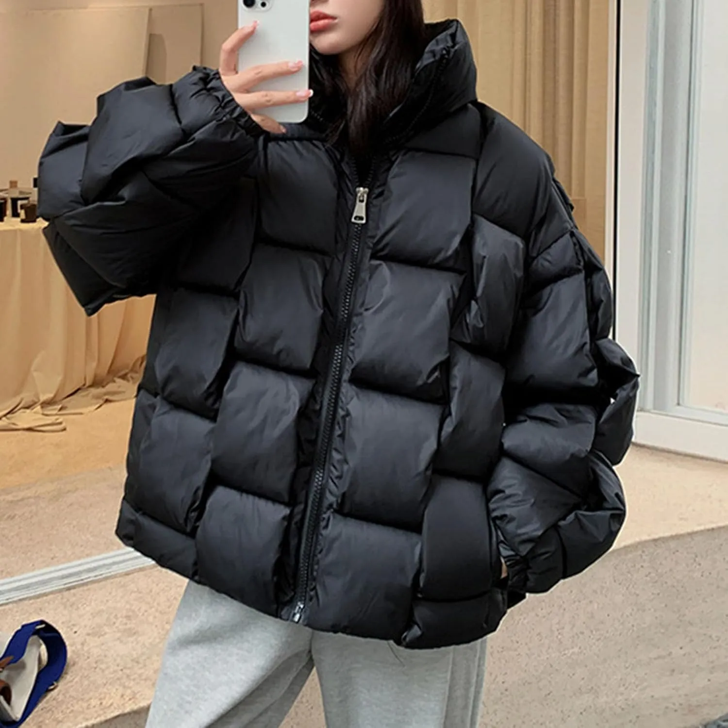 Women's Winter Coat Thicken Puffer Padded Quilted Lapel Down Jacket Outdoor Warm Lightweight Casual Zipper Parka Outwear